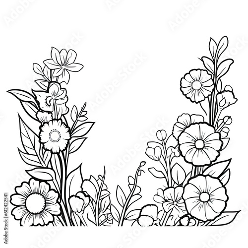 Border flower coloring page. Beautiful flower frame. Coloring page. Design element for greeting card  wedding invitation  birthday. Generative AI