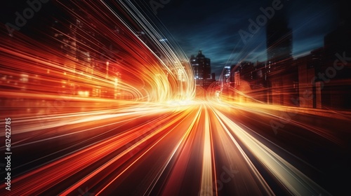 Road with light trails of passing vehicles. Motion speed light in city. Dynamic background. Town at night with speed traffic. Generative AI. Illustration for banner, poster, cover or presentation. © Login