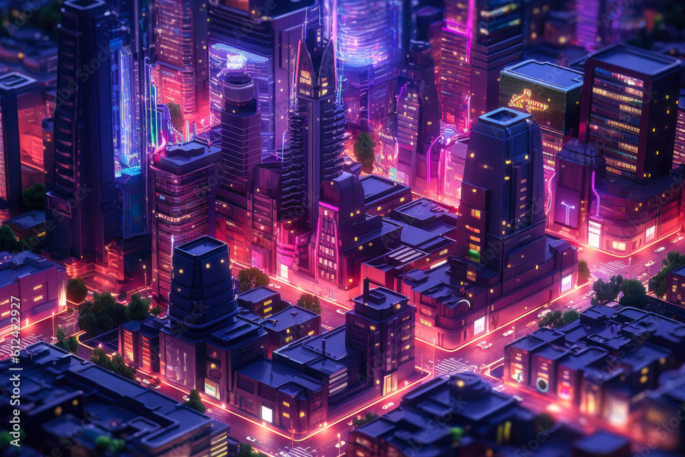 Futuristic city at night with neon lights billboards in vibrant colors. Generative AI