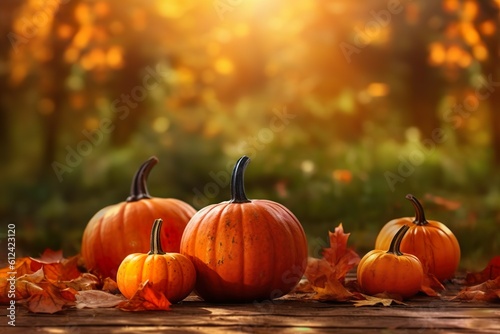 Autumn Halloween pumpkins. Orange pumpkins over bright autumnal nature background   Generative AI 