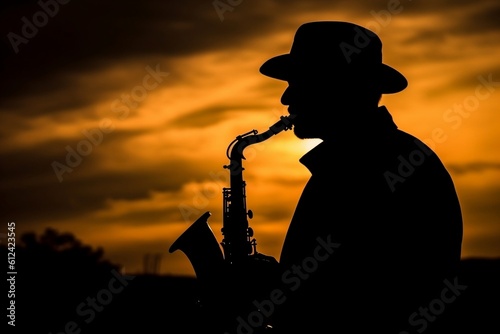 silhouette of a person with saxophone