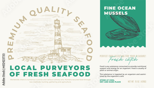 Fine Ocean Seafood Product Abstract Vector Packaging Label Design. Modern Typography and Hand Drawn Mussel Shell Sketch Silhouette with Sea Lighthouse Background Layout