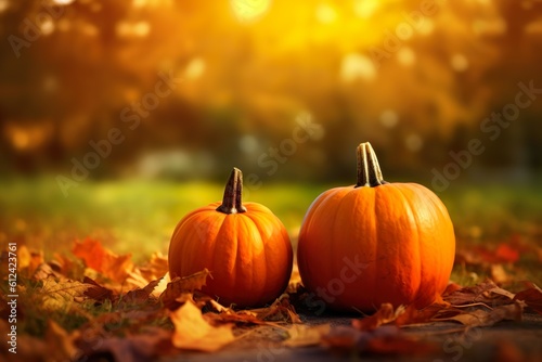 Autumn Halloween pumpkins. Orange pumpkins over bright autumnal nature background | Generative AI 