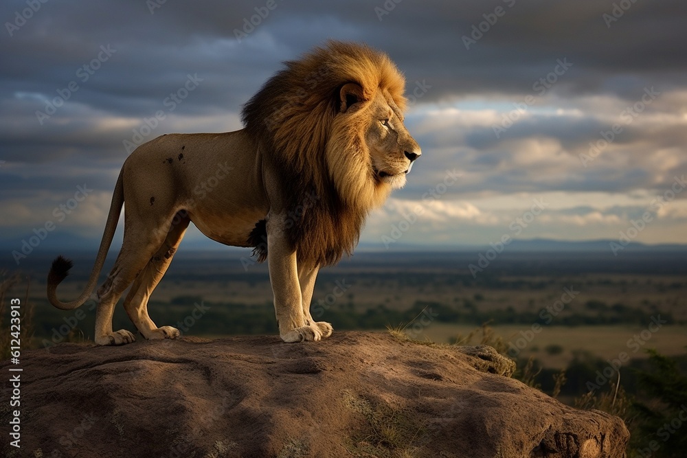 A regal lion perched on a high cliff, surveying the surrounding terrain. Generative AI.