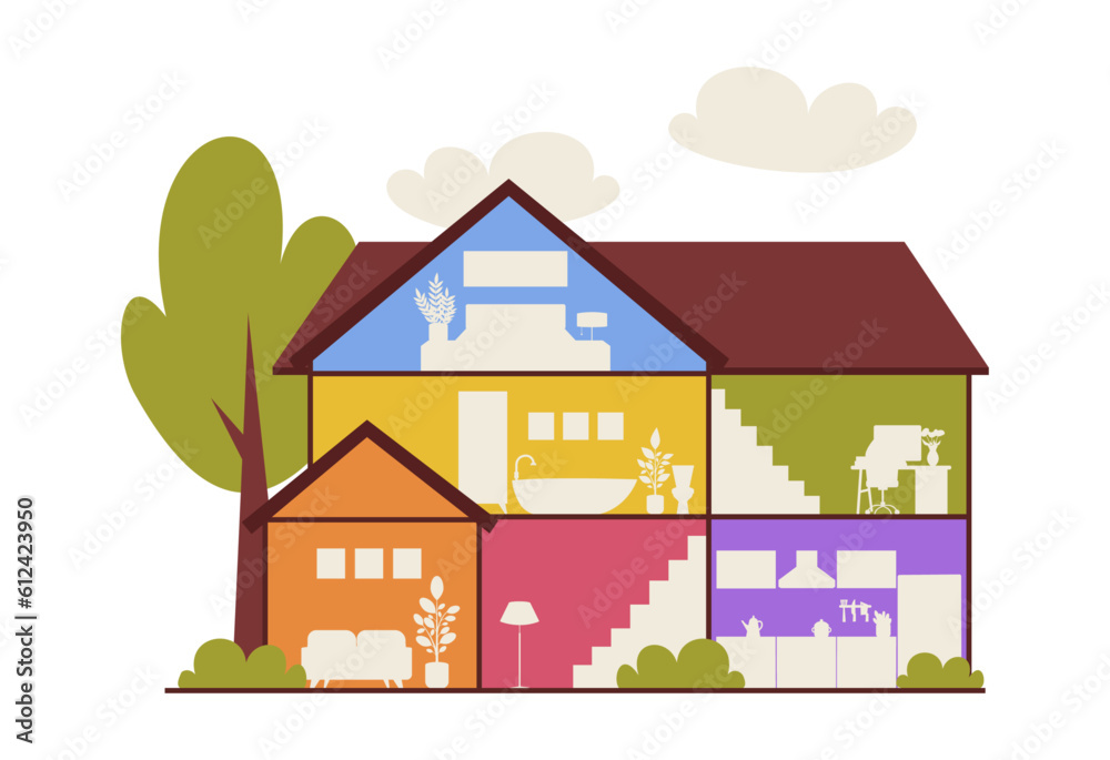 Cutaway house. Modern house interior. Furnished rooms. Silhouettes. Vector illustration.