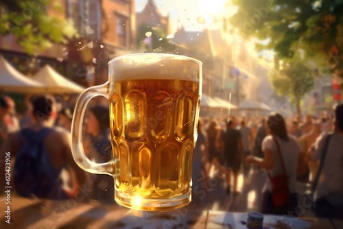 Enjoy the Crisp and Refreshing Taste of Ice-Cold Beer in a Frosted Mug. Generative AI.