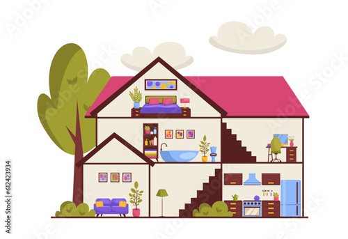 Cutaway house. Detailed modern house interior. Furnished rooms. Vector illustration.