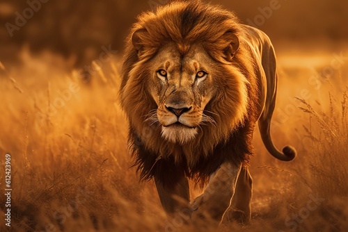 Regal Lion Roaming Freely in the African Savanna. Generative AI.