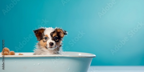Dog puppy, taking a bath in the bathtub, Generative AI