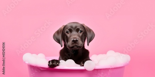 Labrador puppy, taking a bath in the bathtub, background pink, Generative AI