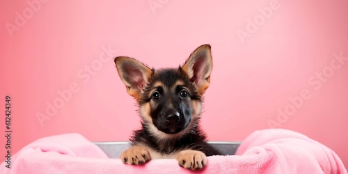 German shepherd puppy, taking a bath in the bathtub, background pink, Generative AI