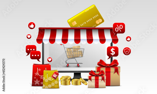 Online Shopping Store On Website And Design. Smart Business Marketing Concept. Horizontal View. Vector Illustration