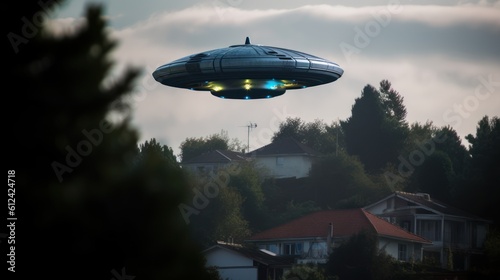 UFO, an alien plate hovering over the field, hovering motionless in the air, Unidentified flying object, alien invasion, extraterrestrial life, space travel, spaceship, Alien, Ai Generated Art