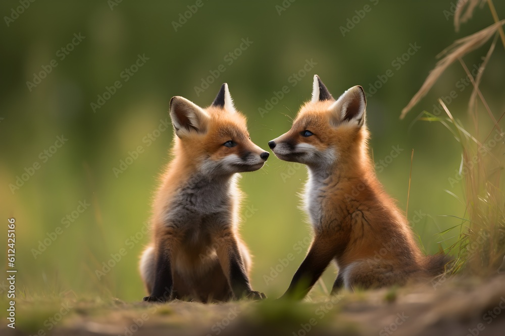 Fluffy foxes playing in a field Fluffy foxes playing in a field