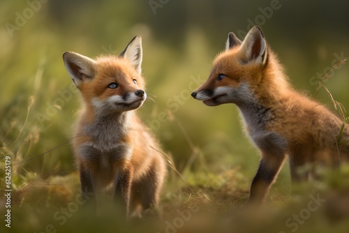 Fluffy foxes playing in a field © Szalai