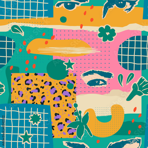 Vector seamless abstract pattern for design. Trendy colorful background with various shapes, prints and more. Trendy hand drawing.