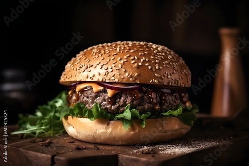 A delicious homemade beef burger placed on a wooden table in closeup shot.