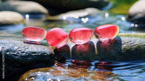 pink stones in the stream. Generative AI image.
