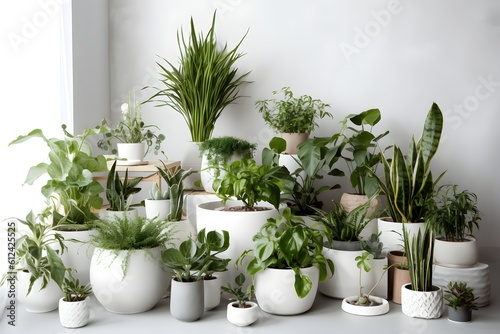 A variety of potted house plants arranged on a white table.