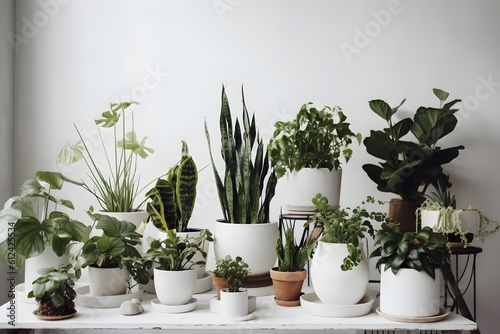 Several potted house plants arranged on a white table.