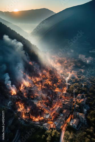 AI generated Aerial view of burning forest and meadow at sunset. Natural disaster