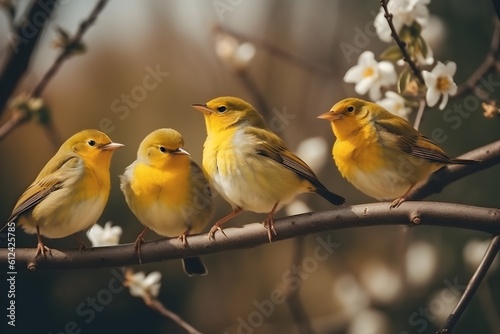 Two colorful birds sit on a branch in the bright spring sun, seemingly engaged in a humorous conversation.