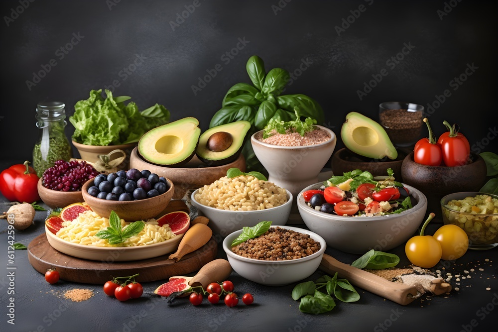 A plate of colorful, fresh and nutritious Mediterranean inspired cuisine suitable for a flexitarian diet. A plate of colorful, fresh and nutritious Mediterranean inspired cuisine suitable for a flexitarian diet.