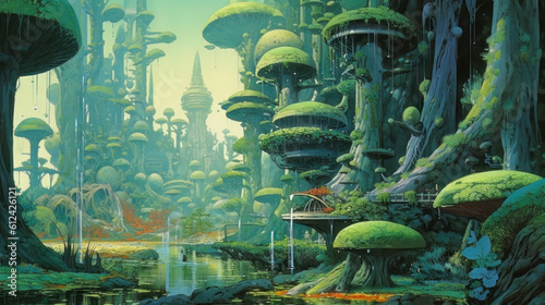 AI generated futuristic city with lots of trees and greenery © DyrElena