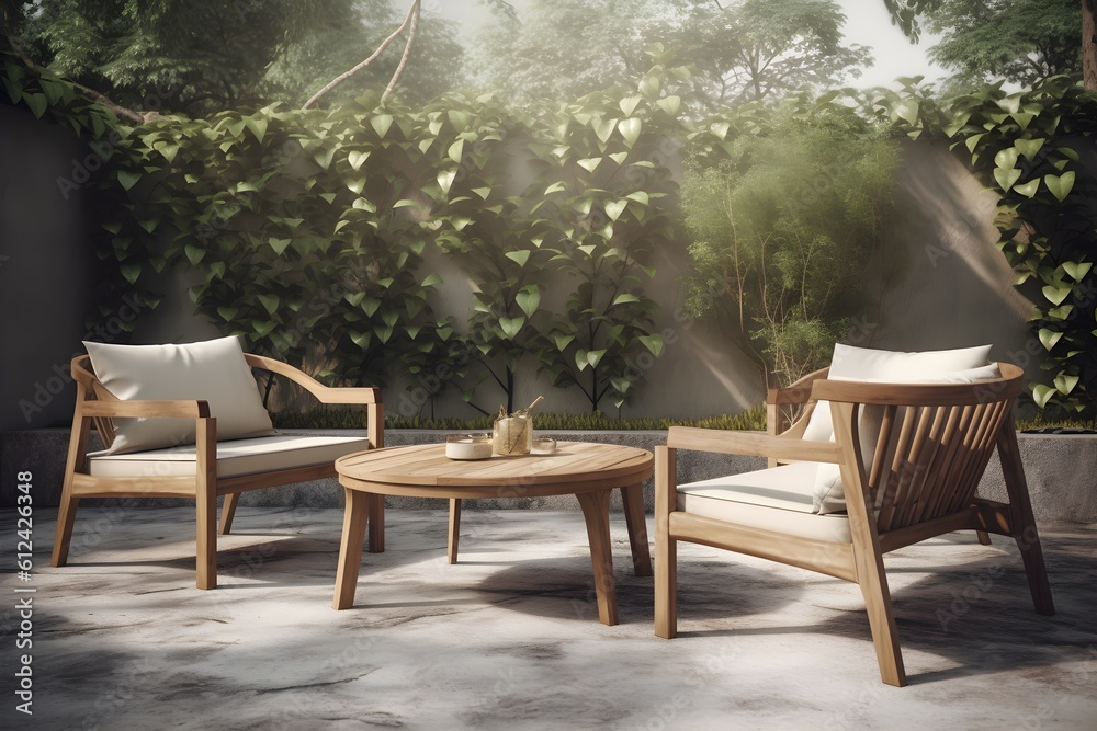 A 3D rendered image of an outdoor furniture set placed against a garden background.