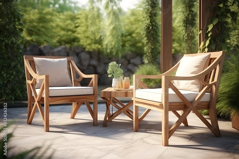 A 3D rendering of an outdoor furniture set placed on a garden background.