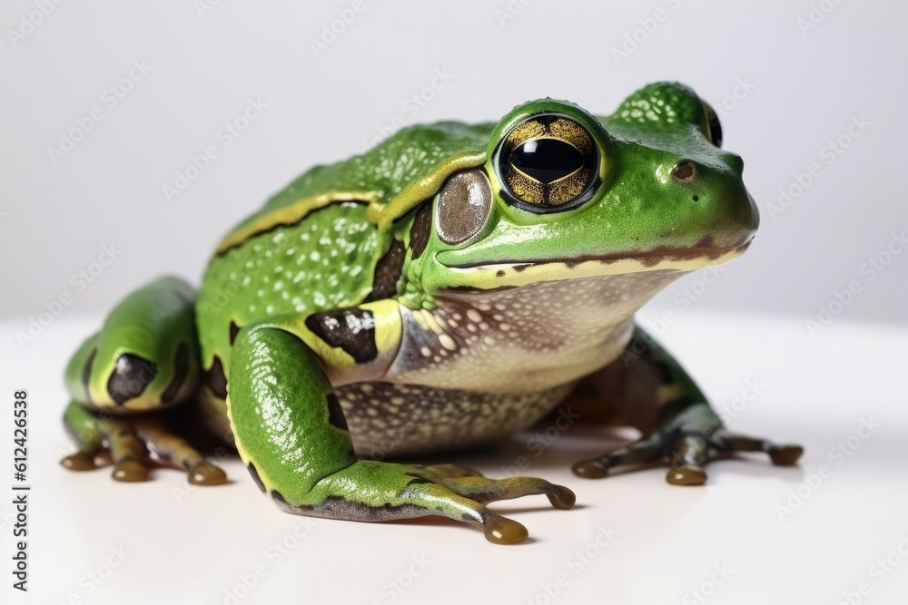 Beautiful green frog close-up on a white background. Generative AI Beautiful green frog close-up on a white background. Generative AI
