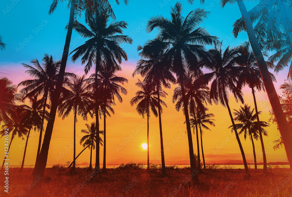 Silhouette coconut palm trees on beach at sunset. Vintage tone.