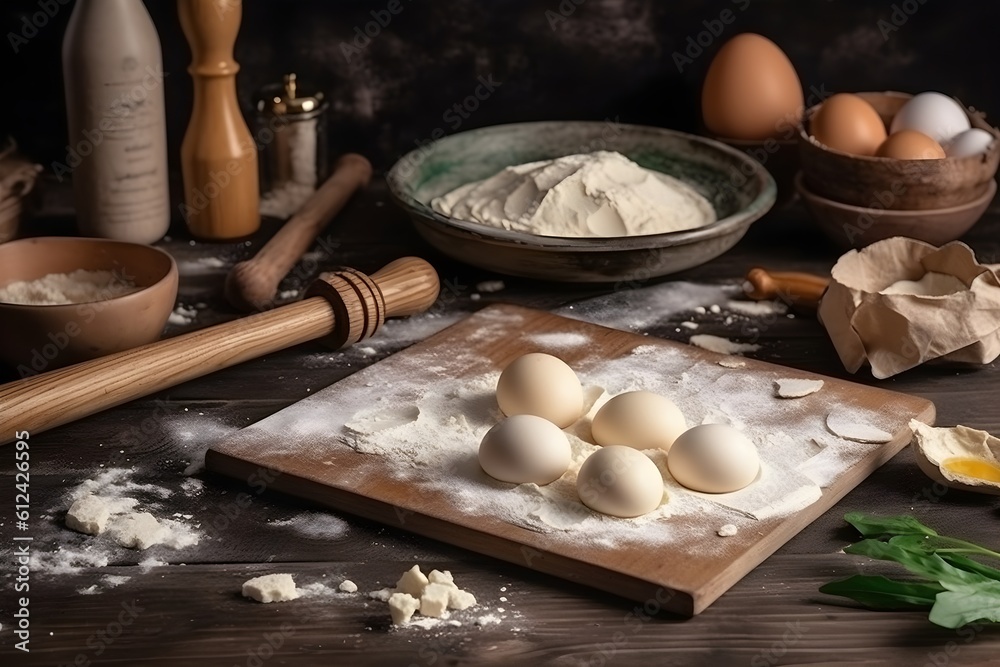 A still life image showcasing raw dumplings, eggs, a rolling pin, and flour on a wooden surface. A still life image showcasing raw dumplings, eggs, a rolling pin, and flour on a wooden surface.