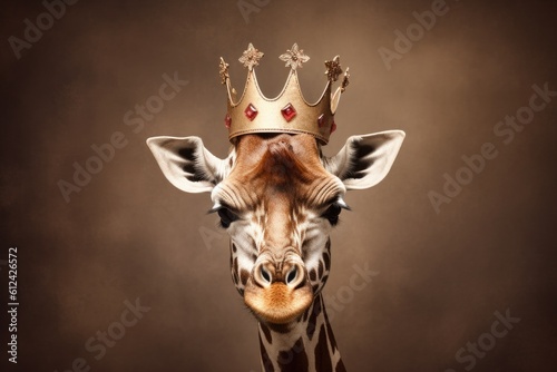 Beautiful giraffe with a crown on a brown background. Generative AI