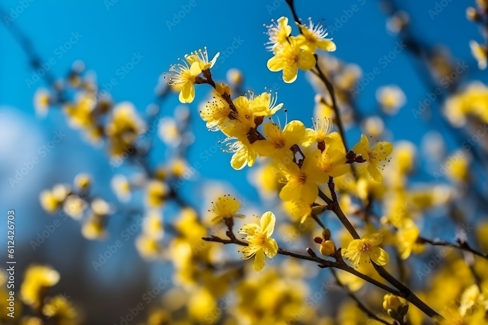 A vibrant spring scene featuring a yellow blooming flower. A vibrant spring scene featuring a yellow blooming flower.