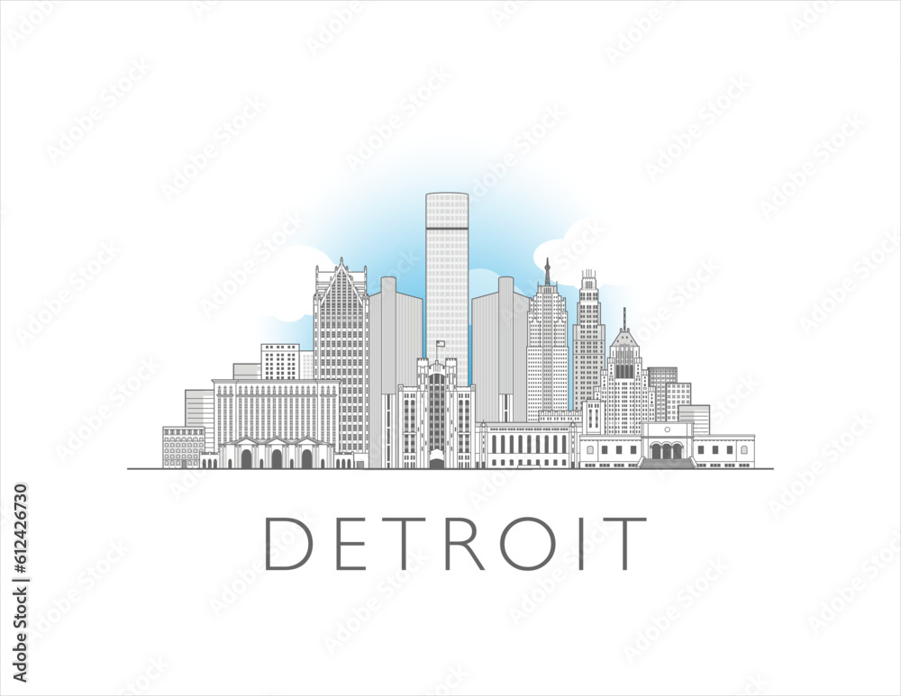 Detroit Michigan cityscape line art style vector illustration
