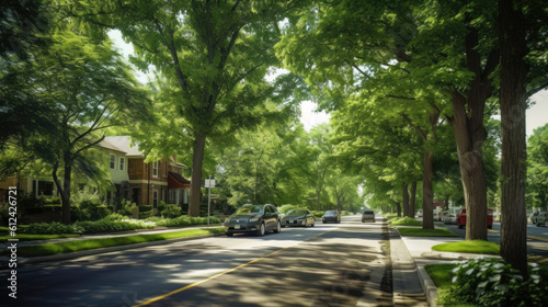 AI generated view of a modern city street with lots of trees and greenery