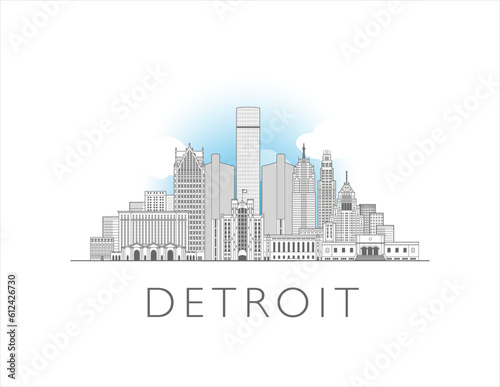 Detroit Michigan cityscape line art style vector illustration