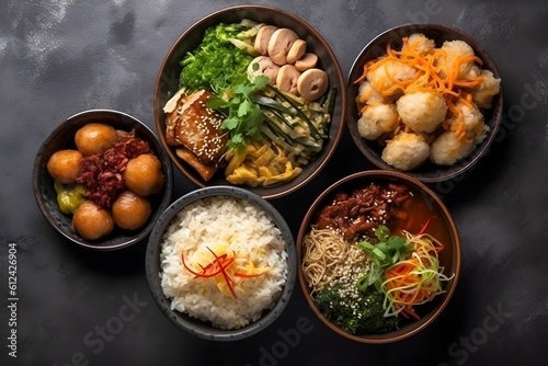 A colorful arrangement of diverse Asian cuisine in bowls, captured from a bird's eye view.