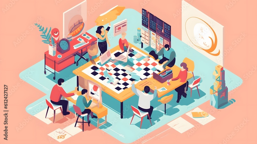 Flat illustration of people playing board games.