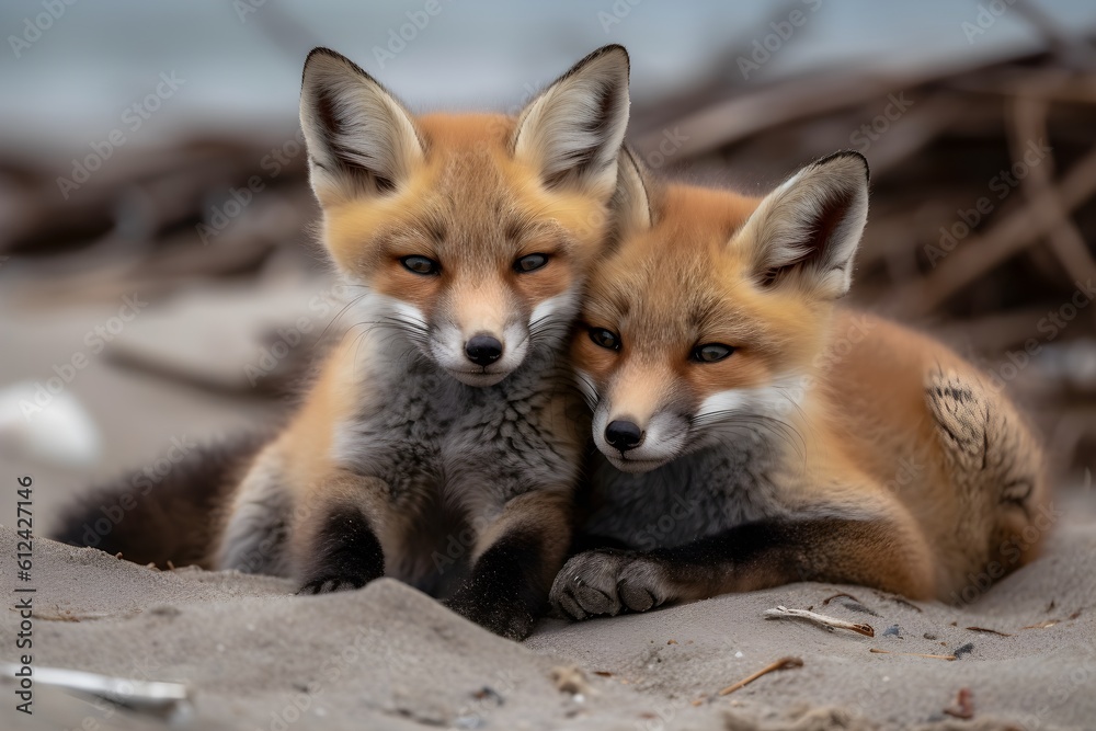 A heartwarming photo of two adorable baby red foxes snuggled up together on a sandy beach.