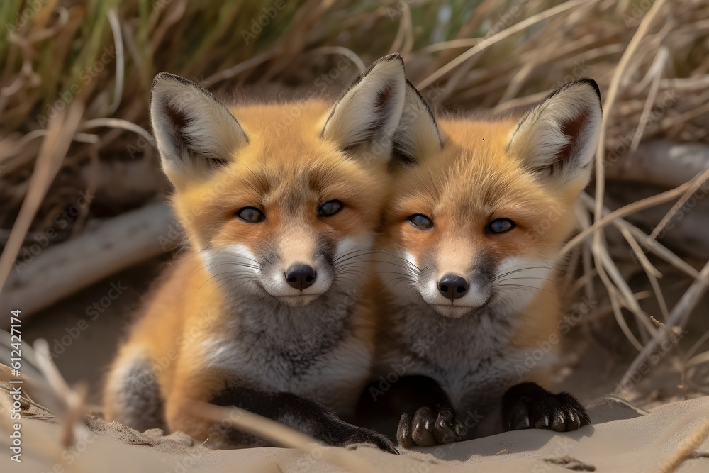 A heartwarming image capturing two playful baby red foxes cuddling on the beach in June. A heartwarming image capturing two playful baby red foxes cuddling on the beach in June.