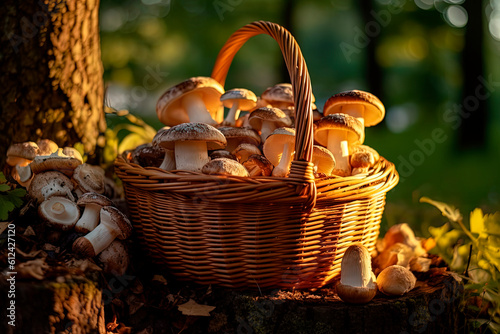 A basket filled with mushrooms in the forest. Generative AI