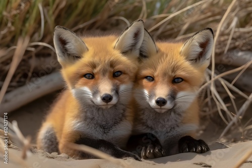 A heartwarming image capturing two playful baby red foxes cuddling on the beach in June. © Szalai