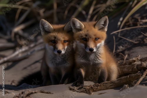 Two cute baby red foxes cuddling on the sand at the beach.