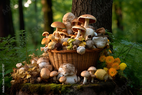 A basket filled with mushrooms in the forest. Generative AI