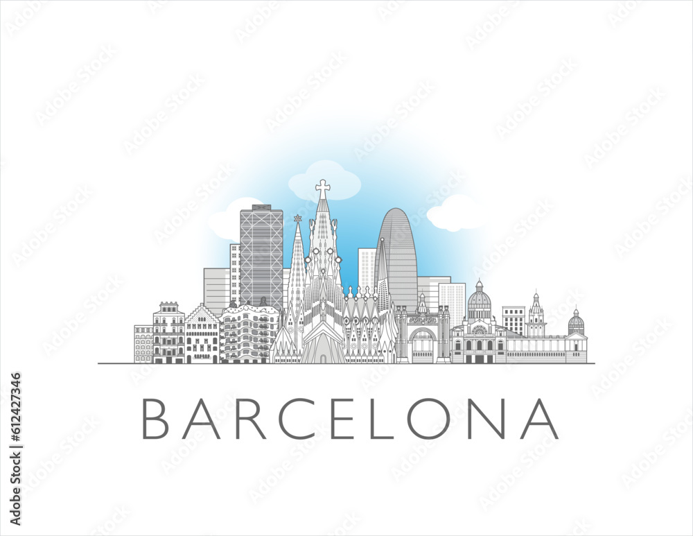 Barcelona cityscape line art style vector illustration