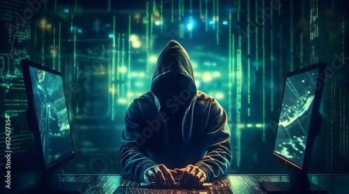 Hacker typing computer. Concept of cybercrime, cyberattack, dark web. AI generated © ZayNyi