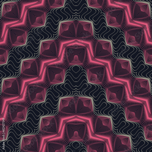 Beige, Black and Maroon Glitch Effect Textured Kaleidoscope Chevron Pattern