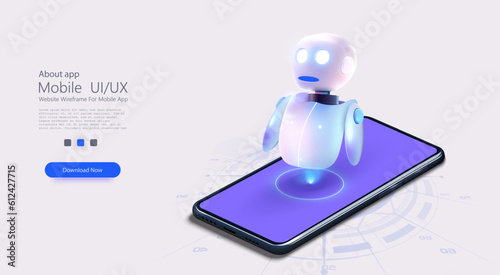 Chat bot avatars. Mobile chatbot. Artificial intelligence chat assistant bot. AI chat bot based on artificial intelligence and neural networks. Online training banner. Isometric vector illustration